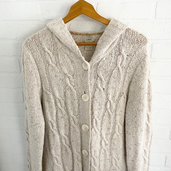 L.L. Bean Women's Hooded Cable Knit Cardigan - Beige - Picture 12 of 15